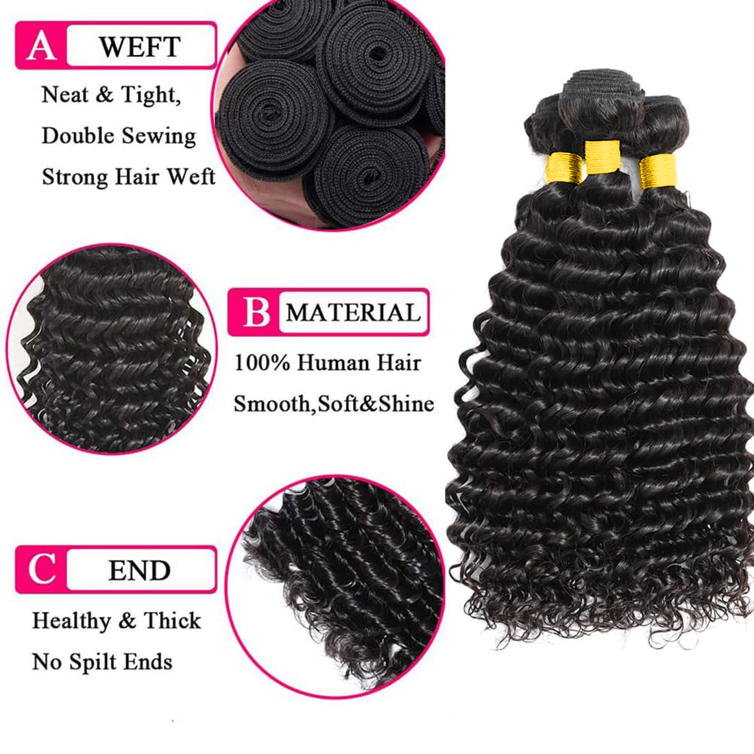 Lots de Cheveux Humains Ondulé - Deep Wave 3 Bundles With Closure avis et prix