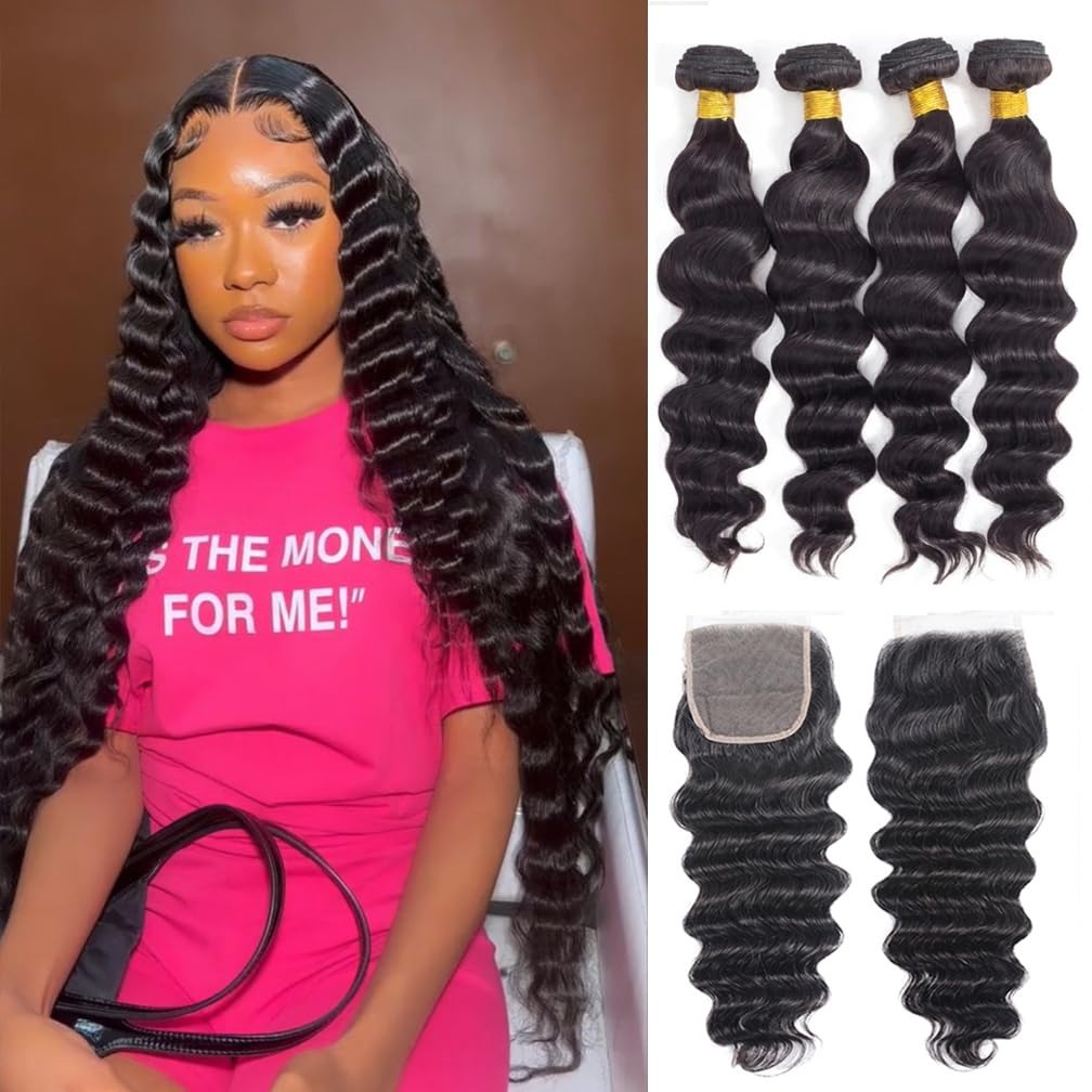 Extensions de cheveux humains  - Deep Wave 3 Bundles With Closure avis et prix