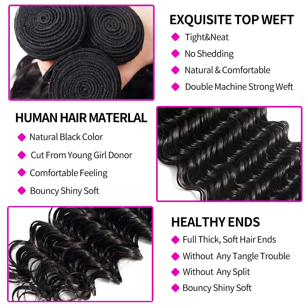 Paquets de cheveux humains ave - Deep Wave 3 Bundles With Closure avis et prix